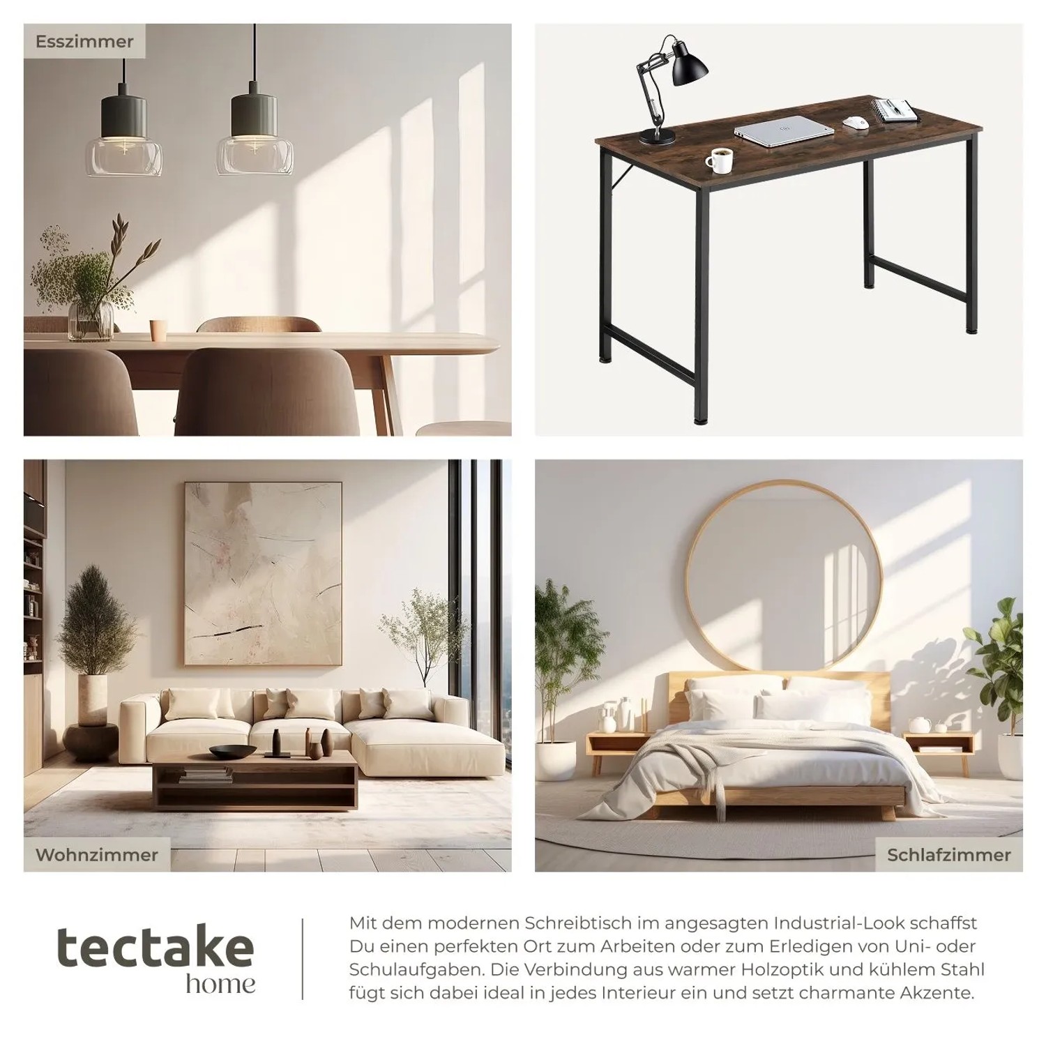 Tectake Schreibtisch Jenkins im Industrial Style mit Holzoptik und Stahlgestell.