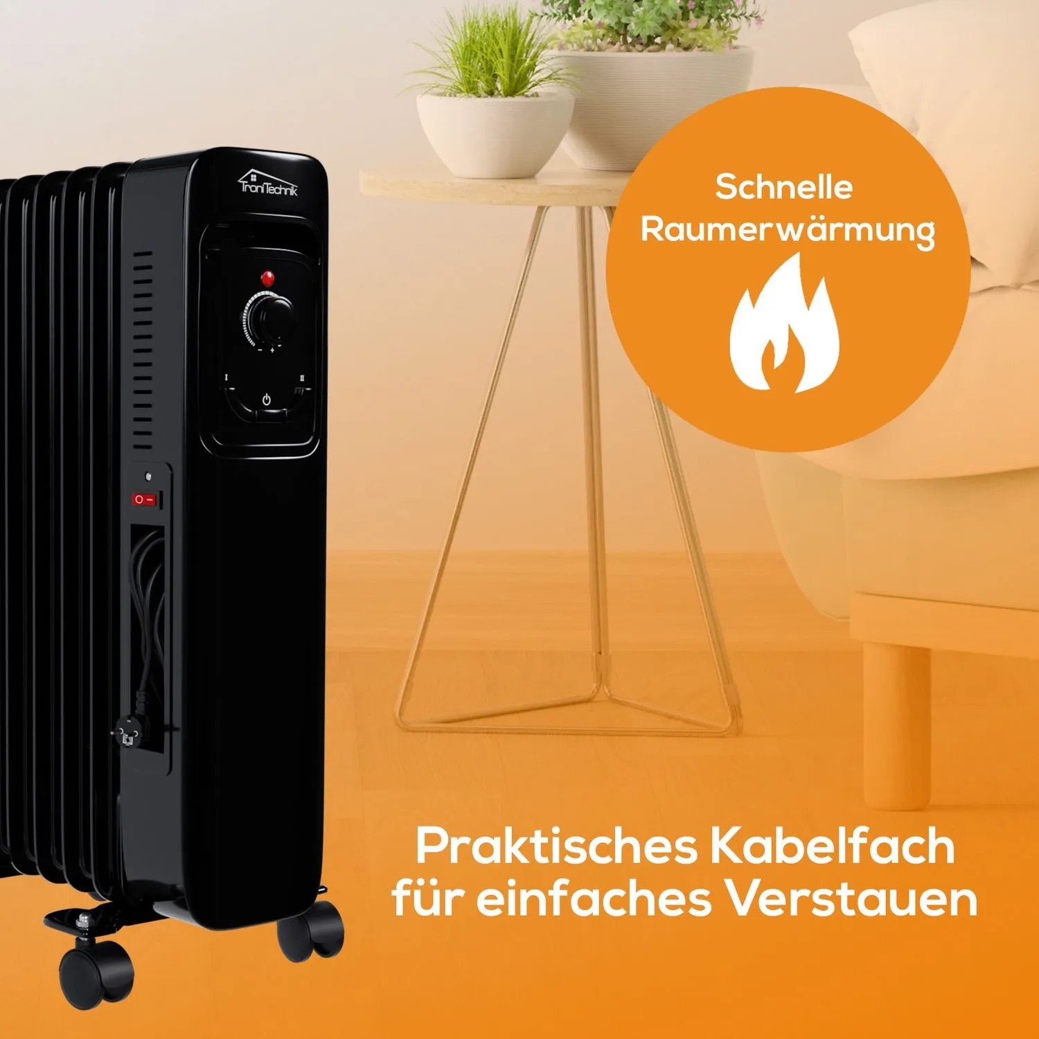 Schwarzer TroniTechnik Ölradiator TT OR 207 mit 7 Rippen und drei Heizstufen. Elektrische Heizung mit Rollen.