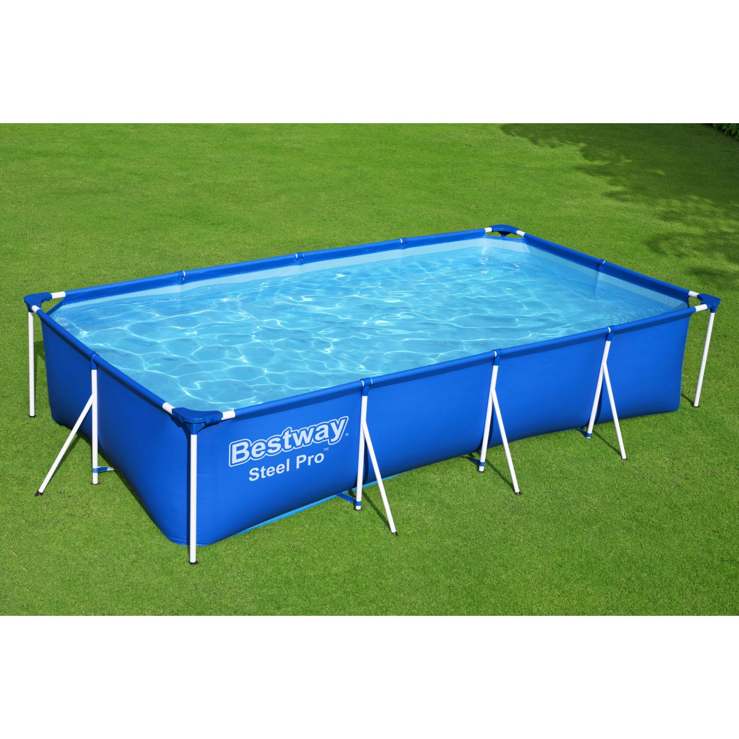 Blauer Bestway Frame Pool Steel Pro, eckig, auf grünem Rasen.