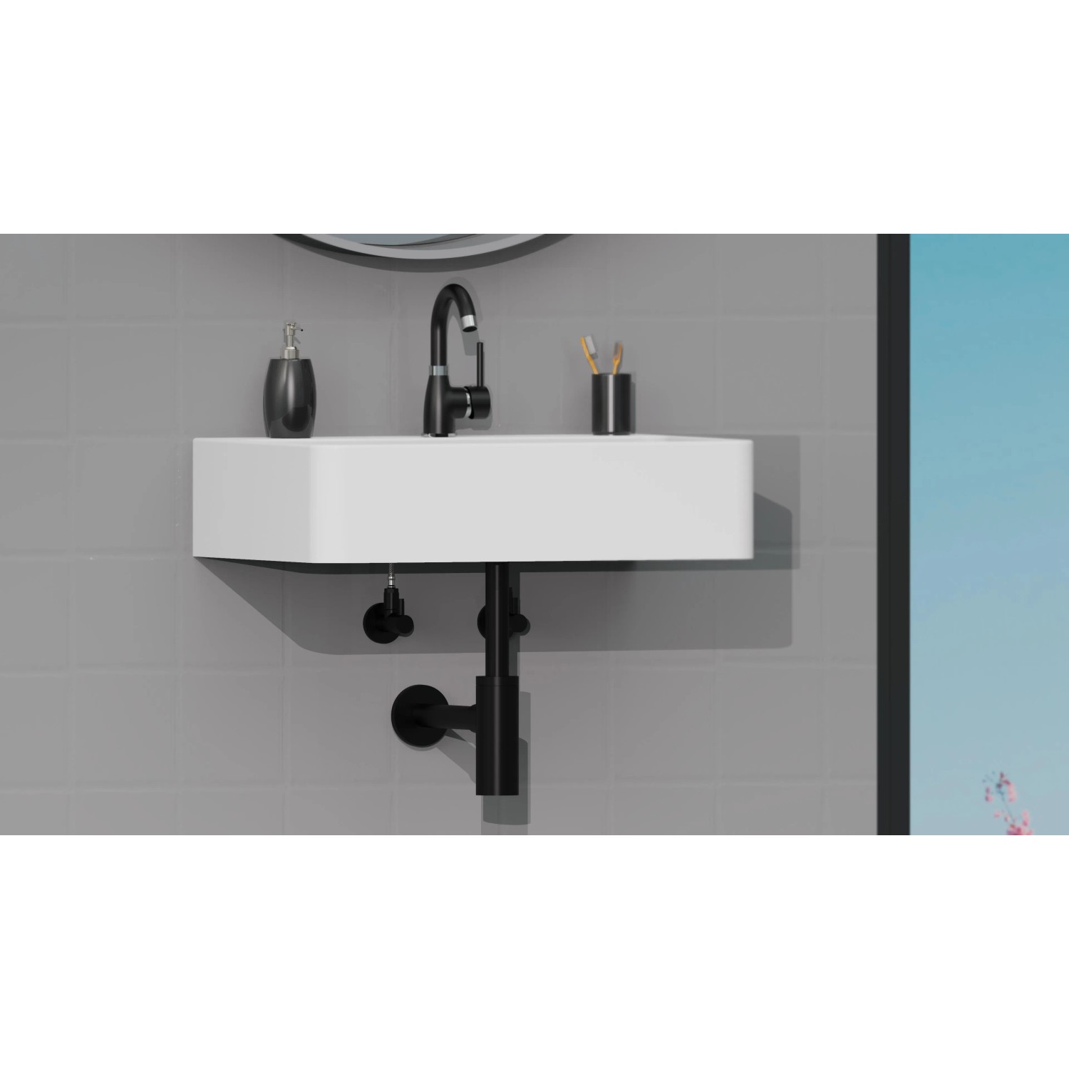 Schwarzer, matter Design Siphon von Kirchhoff für ein Waschbecken im Badezimmer.