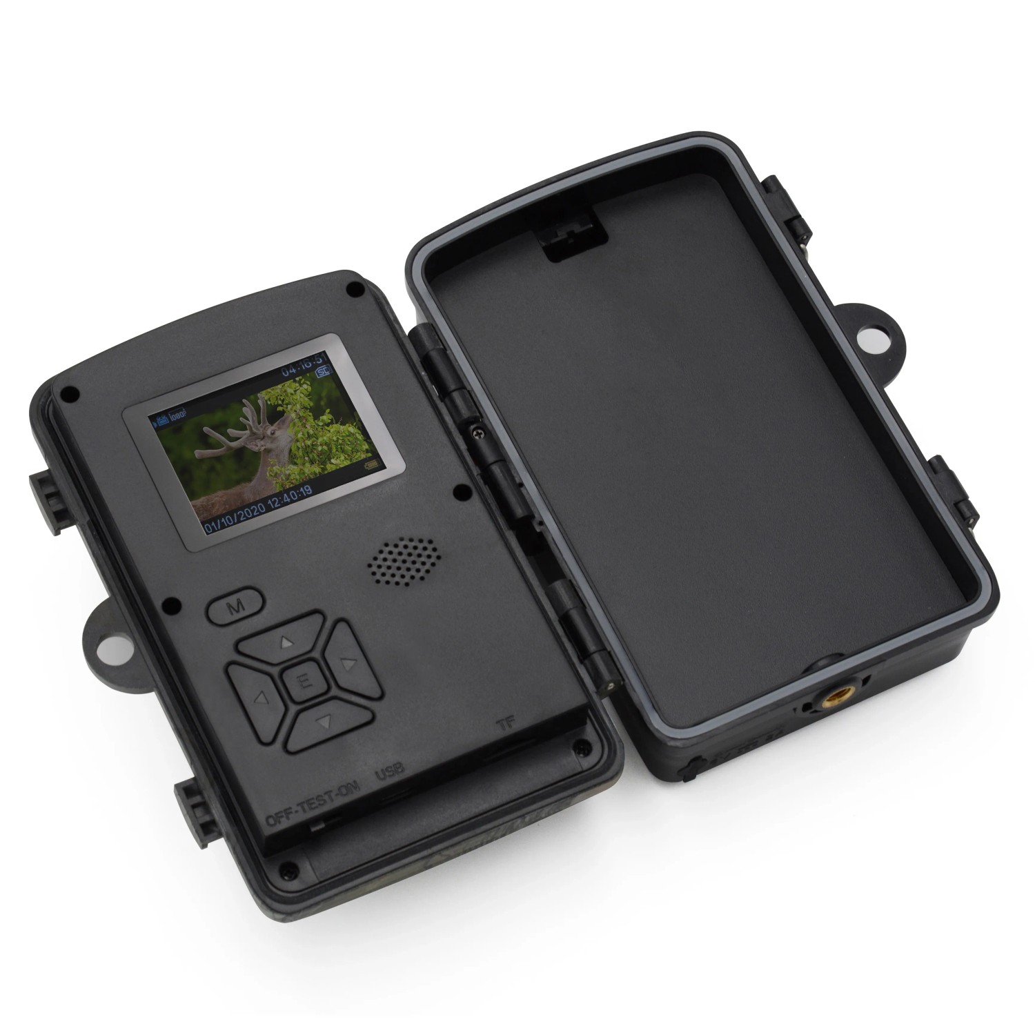 Technaxx Wildtierkamera TX-256, geöffnet, mit Display und Bedienelementen. Ideal zur Tierbeobachtung.