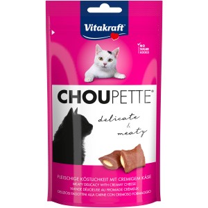 Vitakraft Choupette Käse Katzensnack, 40g Packung mit fleischigen Leckerlis und Käsefüllung.