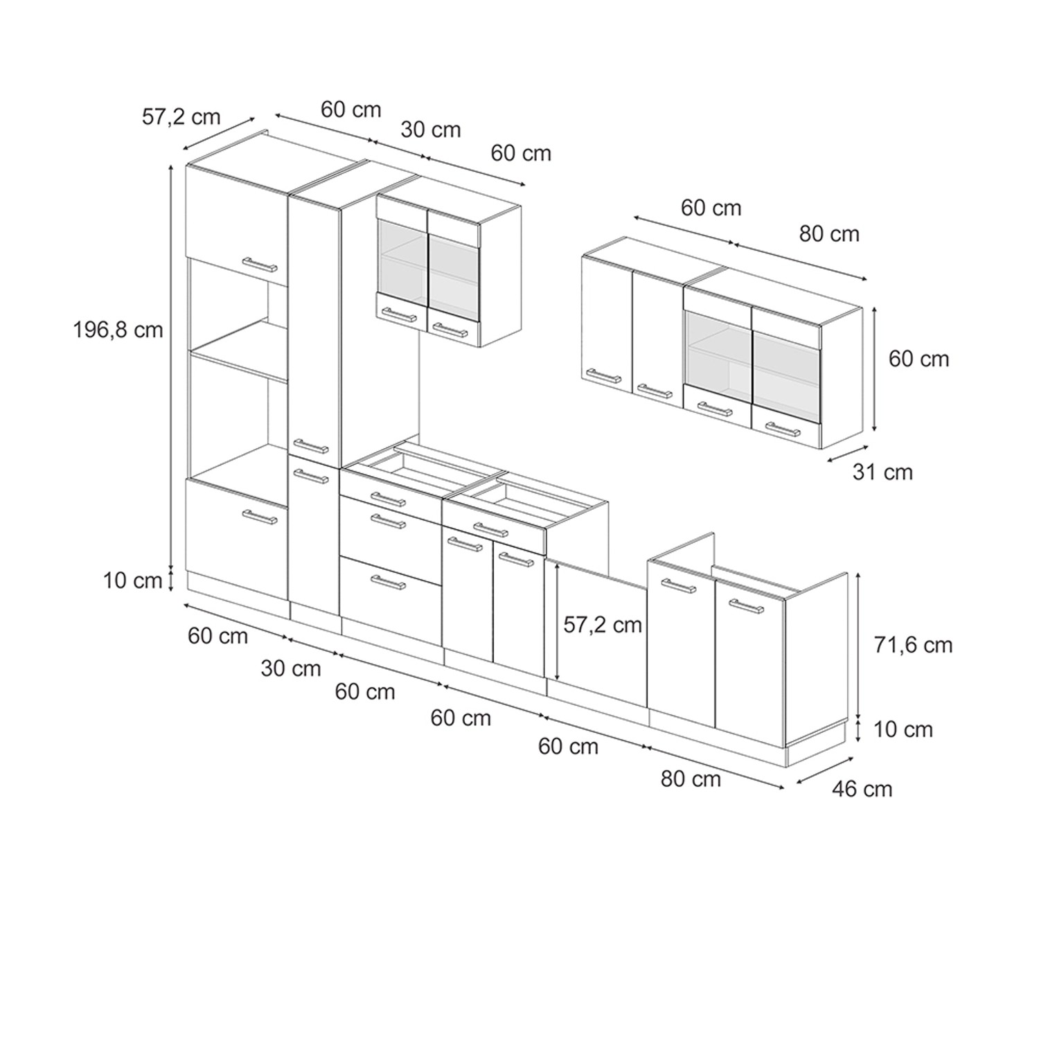Skizze der schwarzen Vicco R-Line Küche in Beton/Anthrazit, 350 cm breit, ohne Arbeitsplatte.