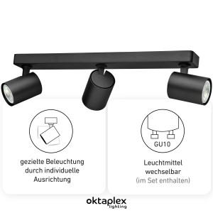 Schwarze Oktaplex Spotbalken mit 3 schwenkbaren GU10 LED Strahlern für Lampen & Leuchten.