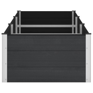 Schwarzes vidaXL Hochbeet aus WPC und Aluminium, 300x100x54 cm, mit silbernem Rahmen und Innenstützen.