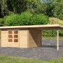 Karibu Holz-Gartenhaus Ängelholm, unbehandelt, mit Anbau. Gartenhaus mit Doppeltür und naturbelassener Holzoptik.