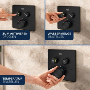 Grohe Grohtherm Smart Control Eckthermostat schwarz matt. Hände bedienen Temperatur und Wassermenge durch Drücken und Drehen.