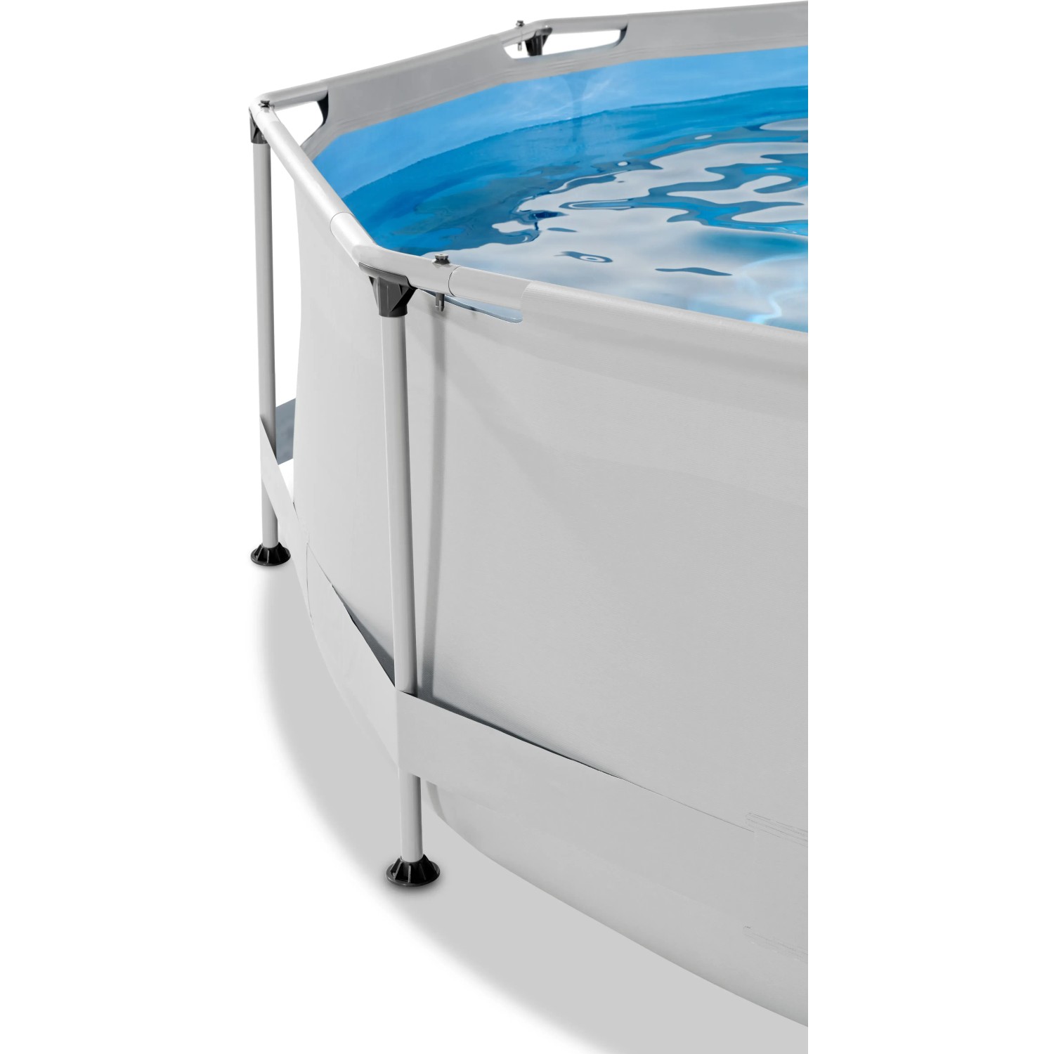 Detailansicht: Grauer EXIT Soft Grey Pool mit Stahlrahmen, Filterpumpe und Abdeckung.