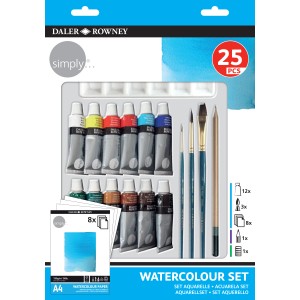Daler-Rowney Aquarell-Set, 25-teilig mit Farben, Pinseln und Papier.