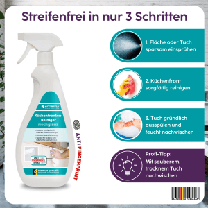 Hotrega Küchenfronten Reiniger Hochglanz 750ml Sprühflasche, 3 Schritte für streifenfreie Reinigung von Fett & Fingerabdrücken.