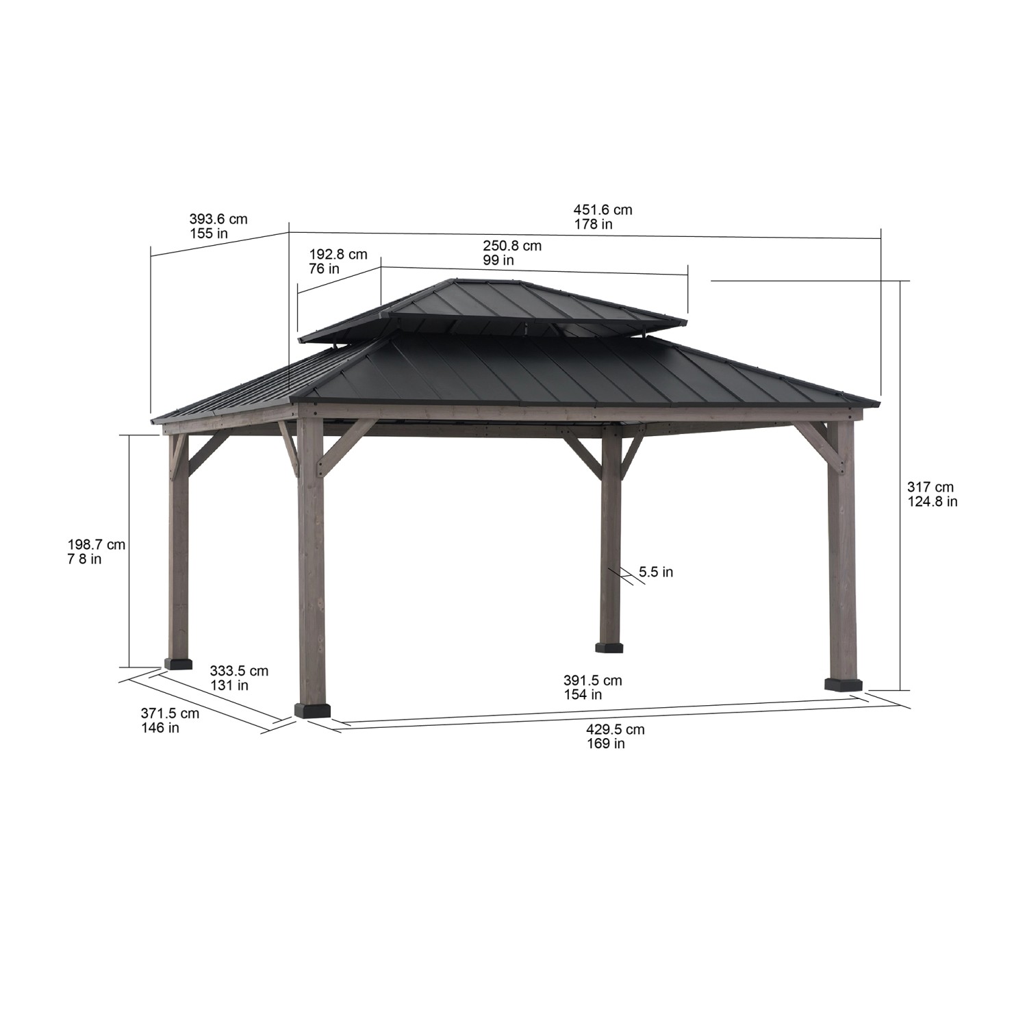 Sunjoy Gazebo Rysy Zedernholz, 390x450cm, schwarz, mit Maßangaben. Terrassenüberdachung für Garten.
