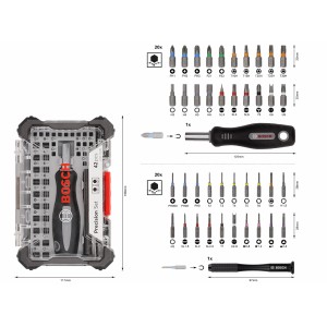 Bosch Precision Bitset, 42-teilig, mit Schraubendrehern und verschiedenen Bits im transparenten Kasten.