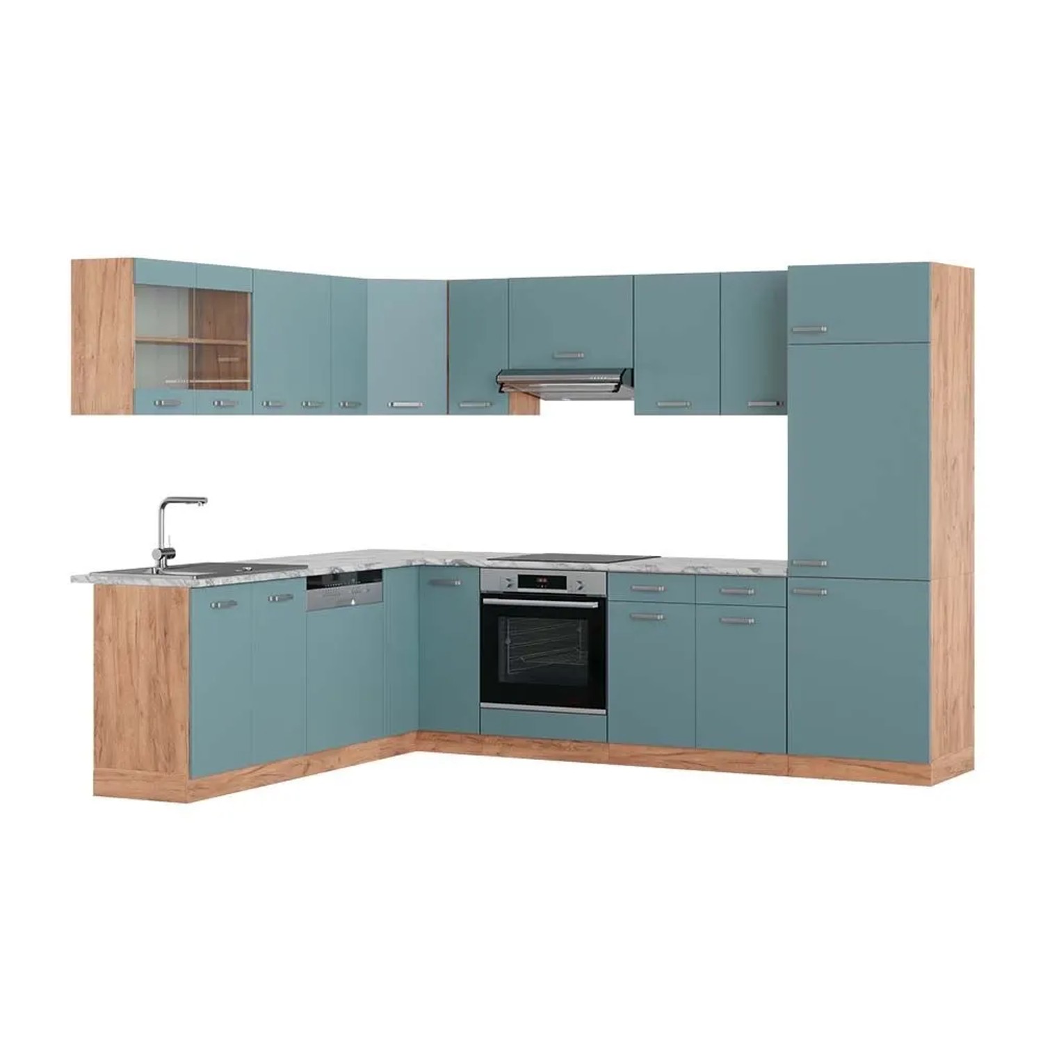 Vicco Eckküche R-Line Blau-Grau/Goldkraft Eiche 287 x 82, AP Marmor