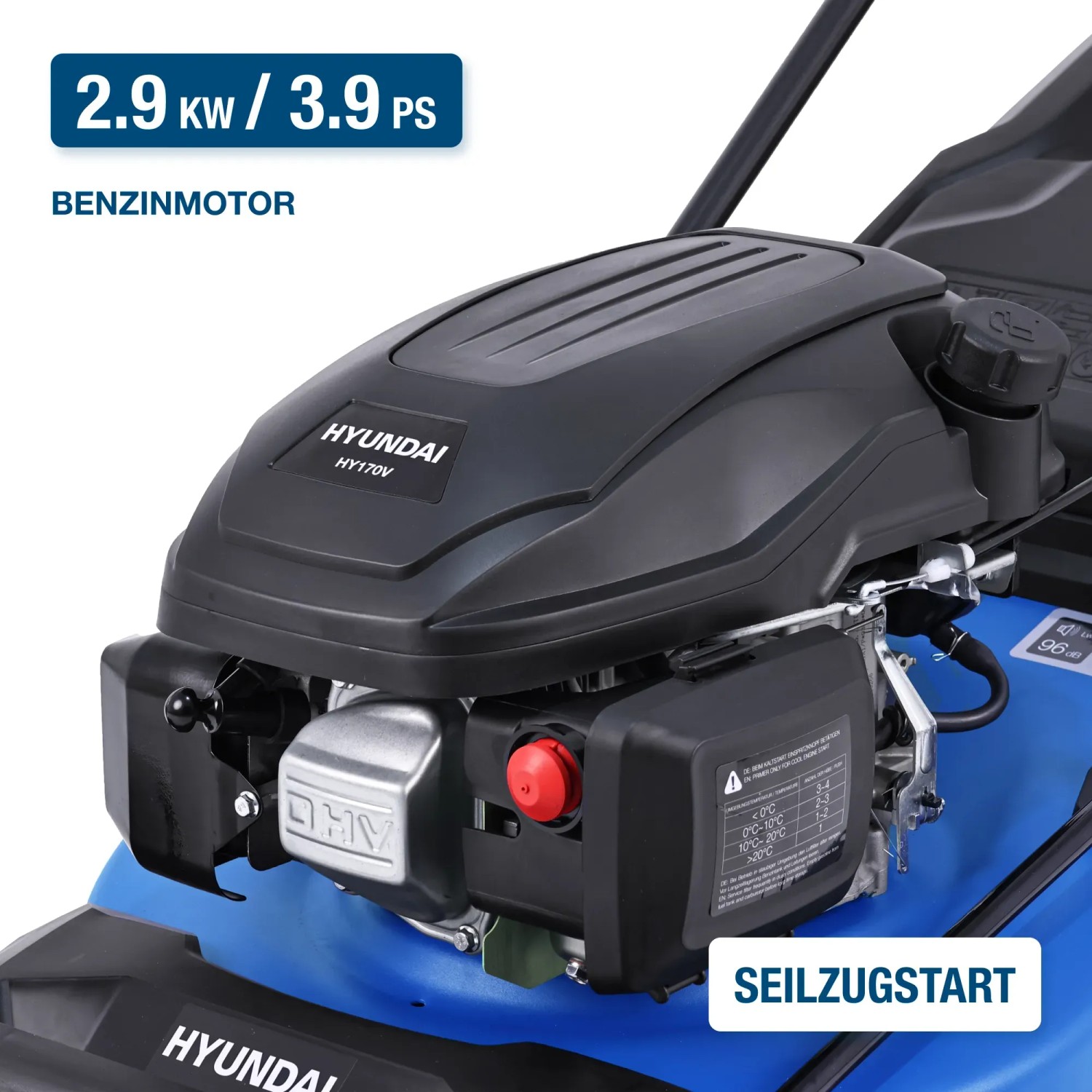Detailaufnahme des Hyundai Benzin-Rasenmähers LM5122G mit 2.9kW Motor.
