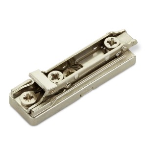 Salice Blitz Montageplatte Linear H2 aus mattem Nickel mit Exzenterverstellung und vormontierten Euroschrauben für Möbelbeschläge.