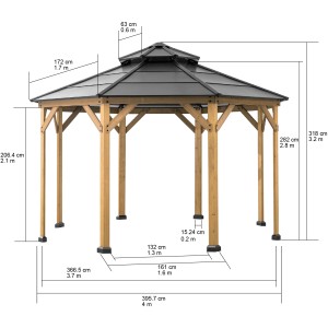 Sunjoy Gazebo Eggi Zedernholz, 395x395 cm, anthrazit, mit Maßangaben.