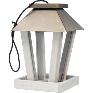 Vogelhaus mit Schiebedach aus Metall (Kupferfarben) und Kiefernholz (Grau) zum Aufhängen.