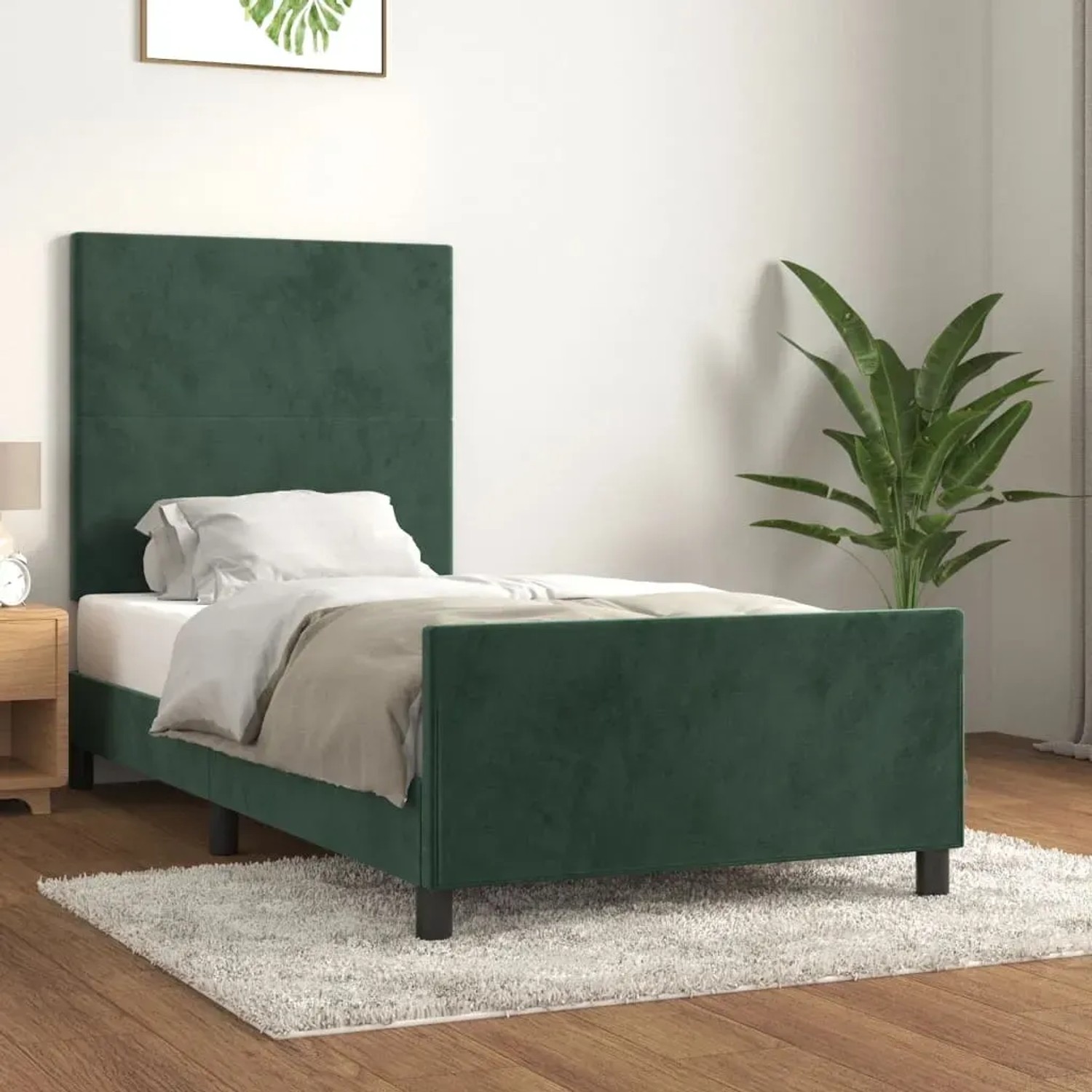 Dunkelgrünes Samt Bettgestell mit Kopfteil, 90x200 cm, im Schlafzimmer.