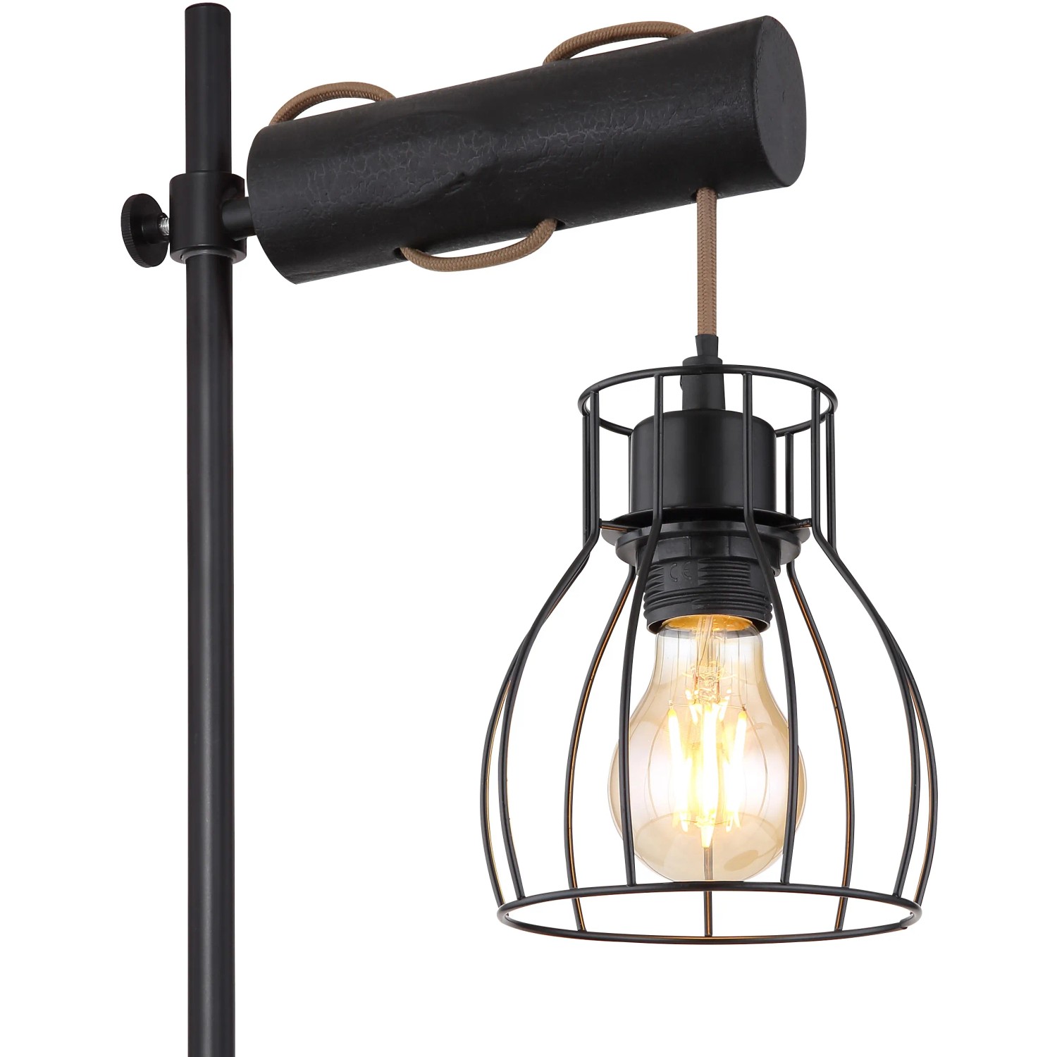 Schwarze Globo Tischleuchte Mina aus Metall mit Holzbalken und Lampenschirm-Gitter.