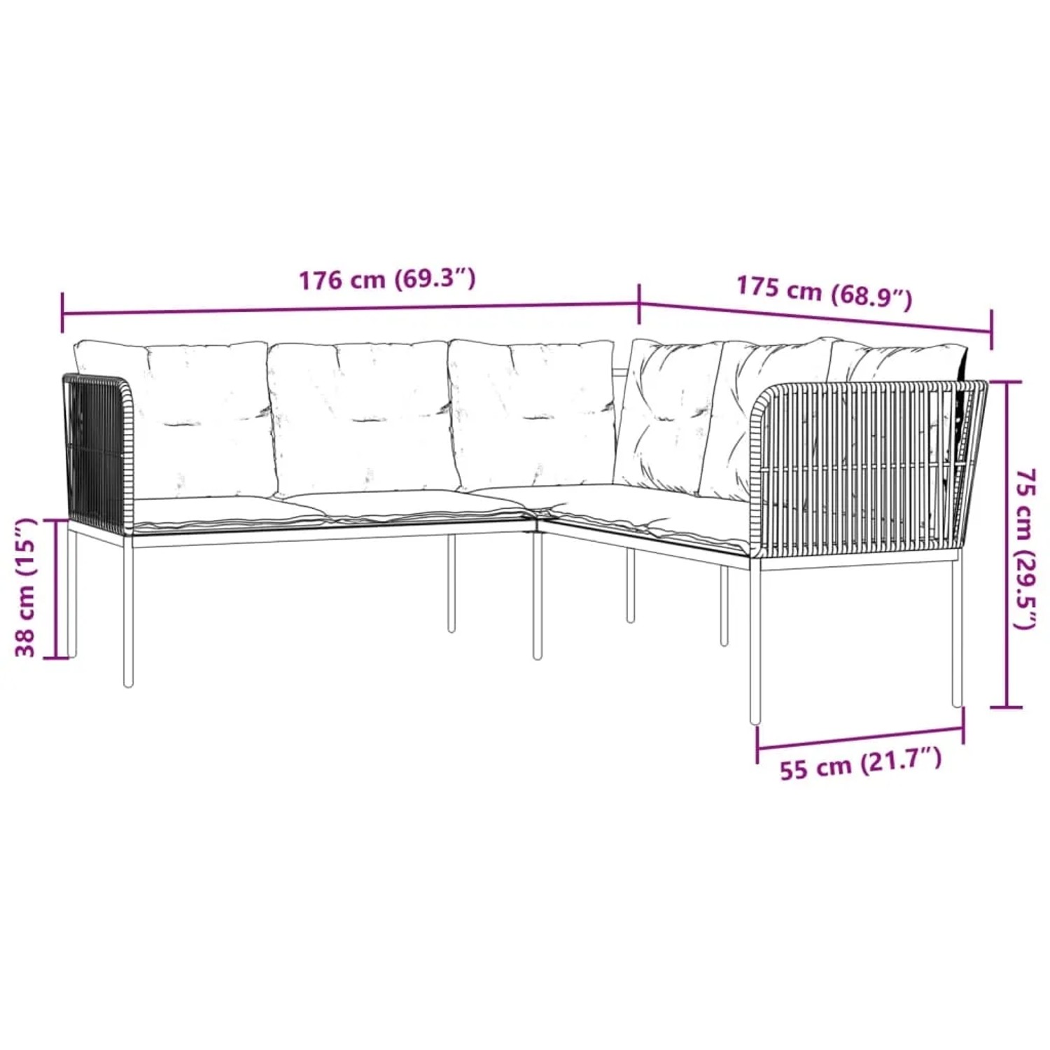 vidaXL Garten-Sofagarnitur, schwarz, Stahl/Textilene, L-Form mit Kissen, Maße: 176x175x75cm.