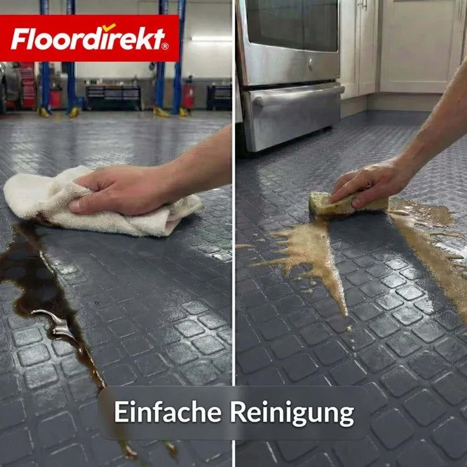 Dunkelgrauer Floordirekt PVC-Bodenbelag Check Quadra mit Quadrat-Optik. Flecken werden in Werkstatt und Küche leicht gereinigt.