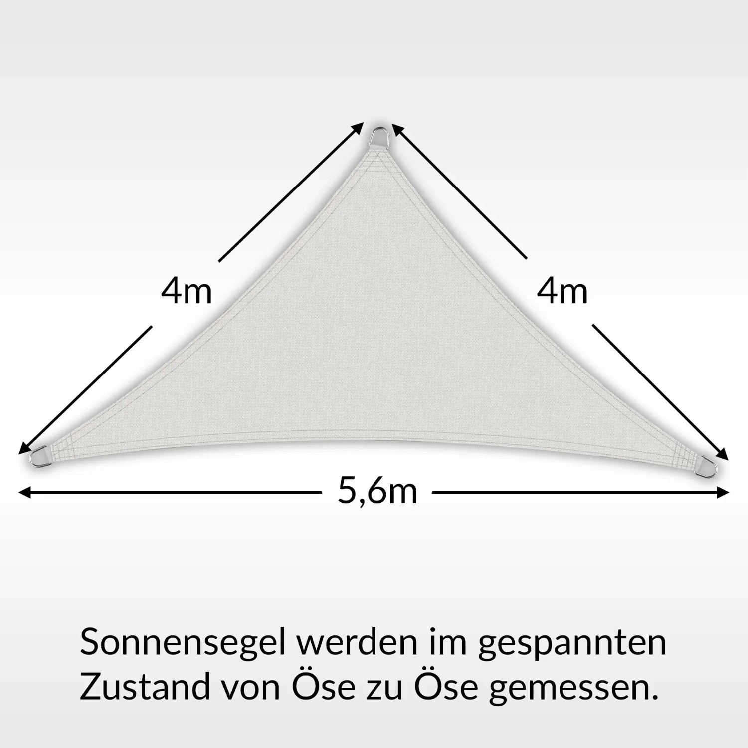 Cremeweißes Toldoro Sonnensegel Dreieck, 4x4x5,6m, aus luftdurchlässigem HDPE-Gewebe.