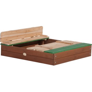 Axi Ella XL Sandkasten aus Holz, braun und grün, mit Deckel und Sitzbänken (120x120x20 cm).