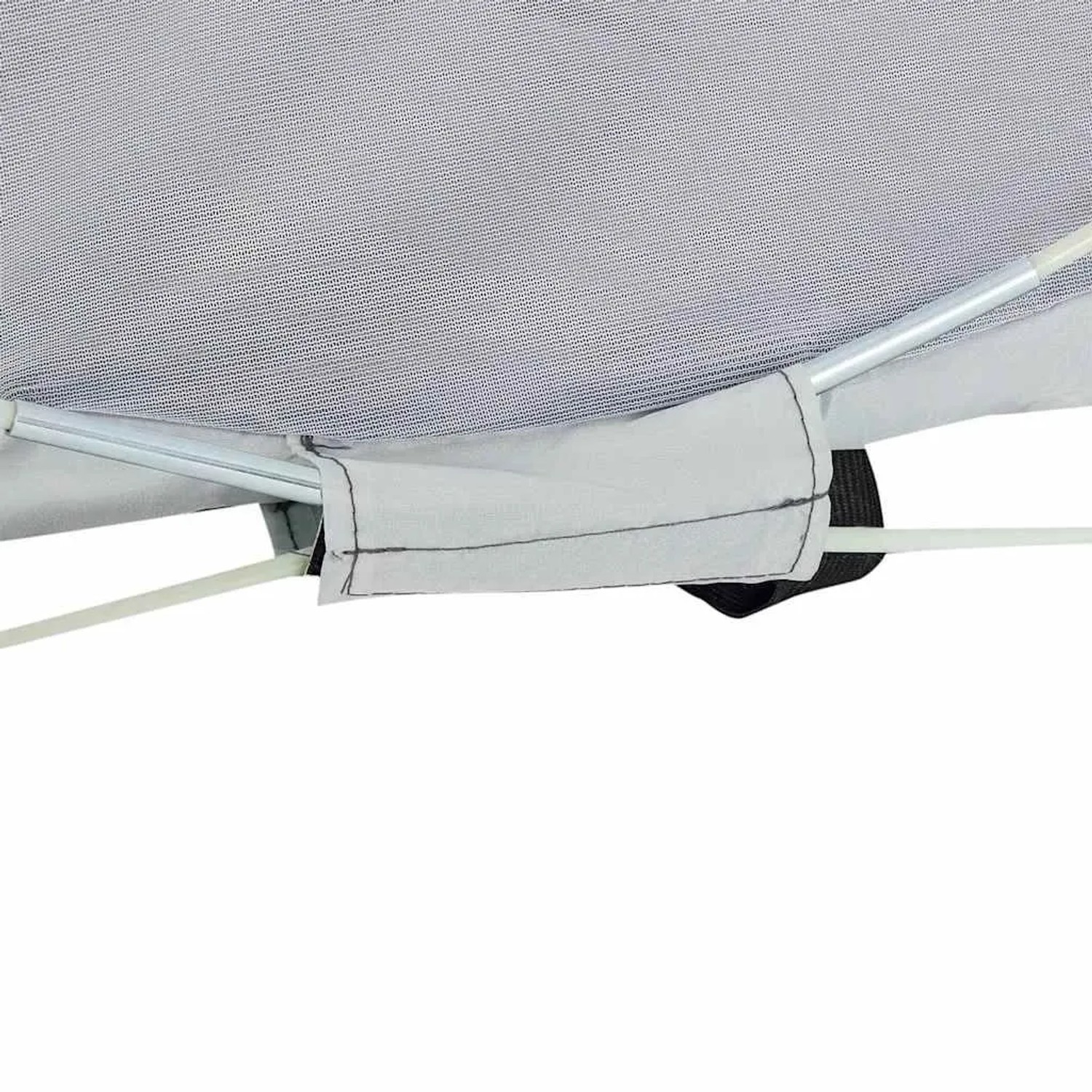 Detailansicht des grauen vidaXL Strandzelts: Stoff, Gestänge und Befestigungselemente.