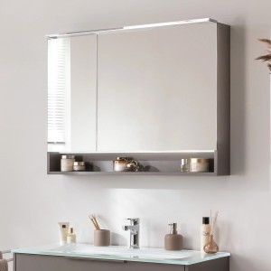 Fackelmann LED-Spiegelschrank B.Paris, 90 cm, Cubanit Grau. Badmöbel-Set mit Beleuchtung und offenem Fach.