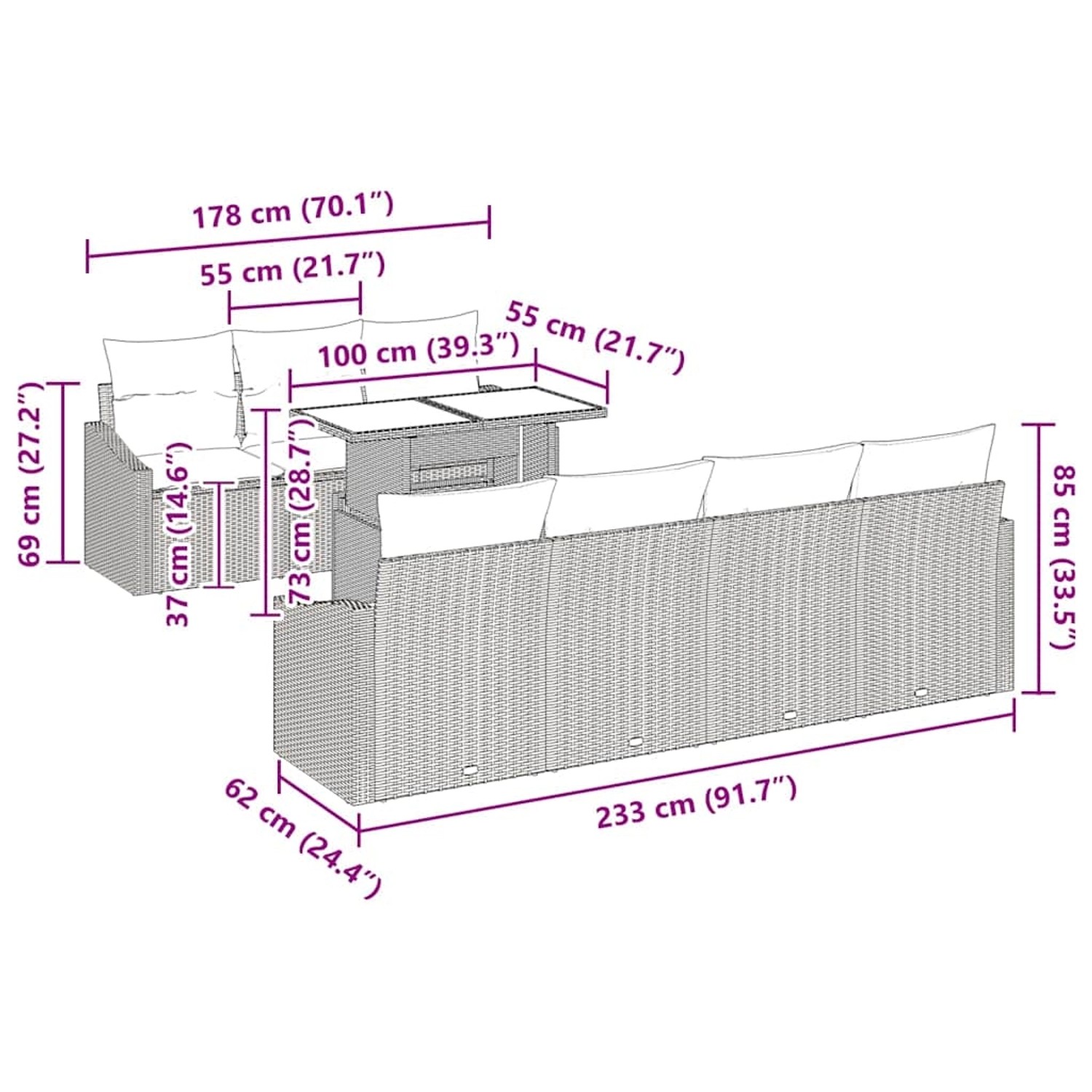 vidaXL 8-teiliges Garten-Sofa-Set aus Rattan in Beige mit Maßen.