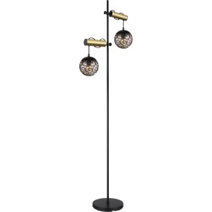 Moderne Globo Stehlampe Fitz, 2-flammig, schwarz-gold mit rauchfarbenen Glasschirmen.