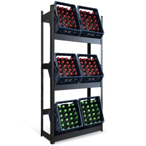 Schwarzes KARAT Getränkekistenregal Osaka für 6 Kästen, gefüllt mit Getränkeflaschen.