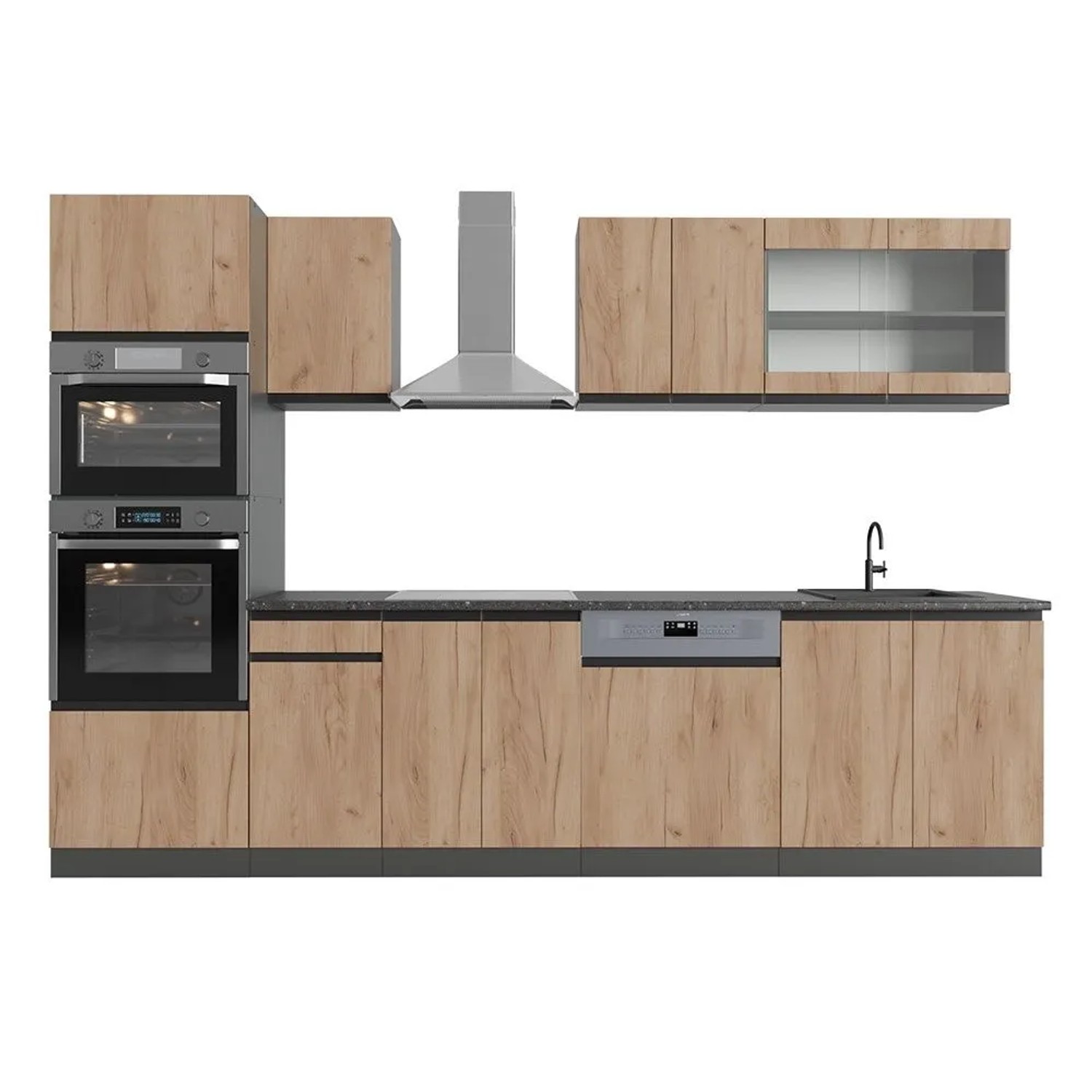 Vicco R-Line Küchenzeile Goldkraft Eiche Anthrazit 300 cm J-Shapemit Hochschrankohne Arbeitsplatte ohne E-Geräte