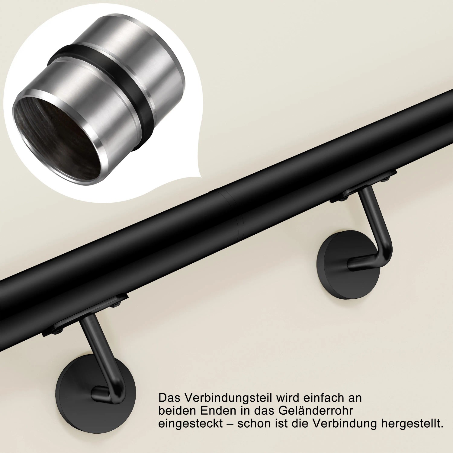 Schwarzer Edelstahl Handlaufverbinder ∅42,2 mm für Wandhandläufe. Zeigt Montageprinzip.