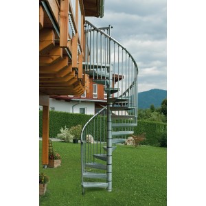 Feuerverzinkte Minka Außenspindeltreppe Rondo Zink Plus, Durchmesser 160 cm, im Garten.