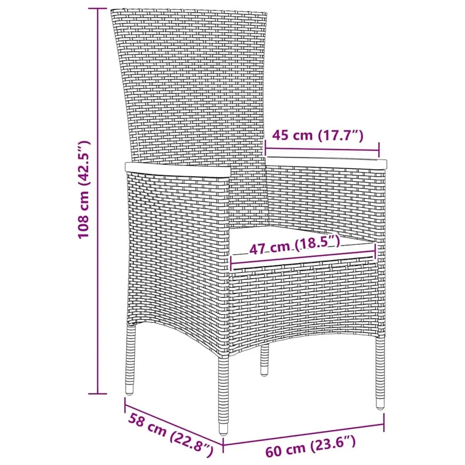 Abbildung eines schwarzen vidaXL Gartenstuhls aus Polyrattan mit Maßangaben. Teil der 5-tlg. Essgruppe.