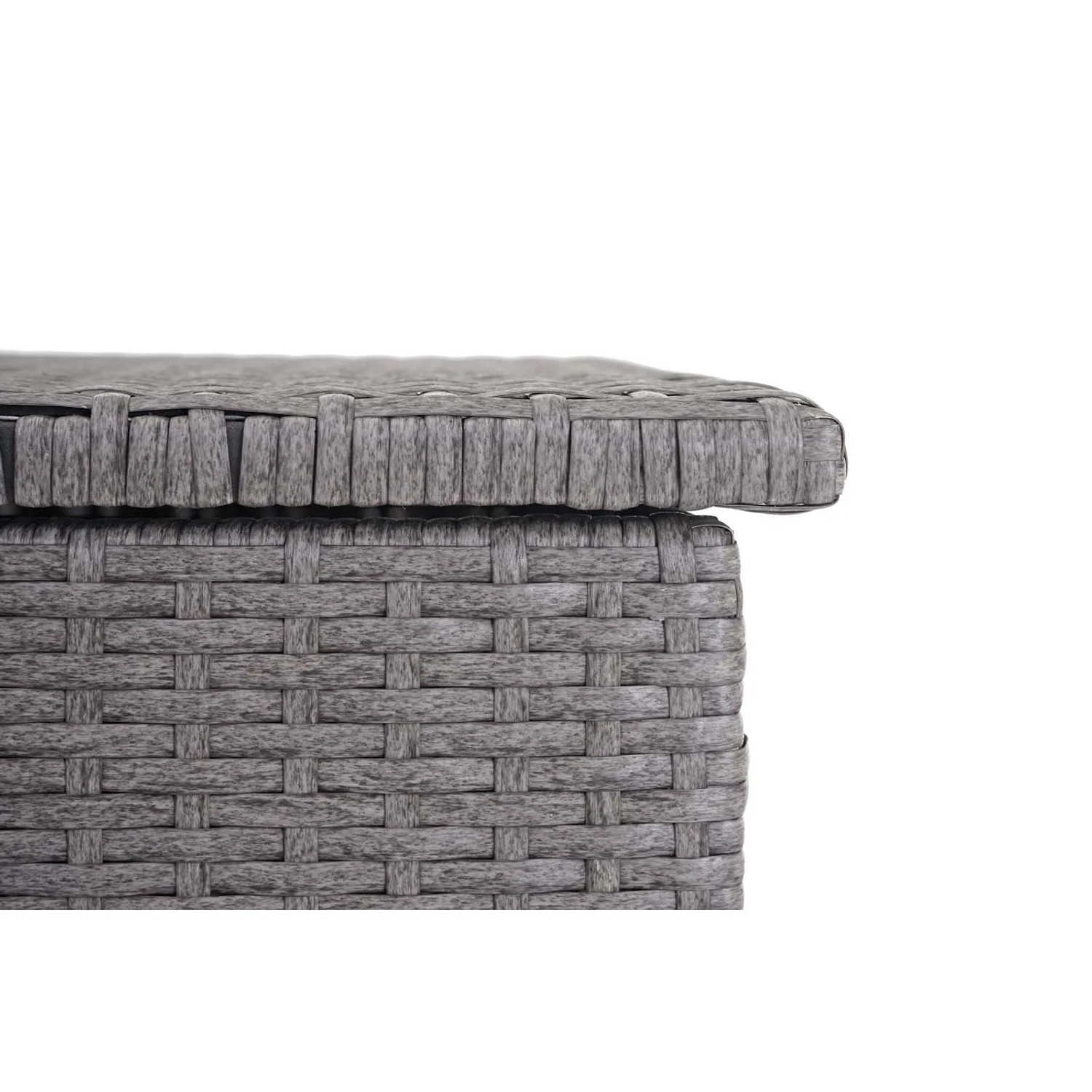 Detailaufnahme: Graue MCW Poly-Rattan Kissenbox, Aufbewahrungsbox mit geflochtener Struktur.