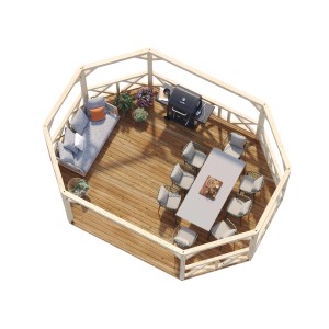 Palmako Holz-Pavillon Betty, naturbelassen, mit Grill, Tisch, Stühlen und Sofa. Gartenlaube aus Holz.