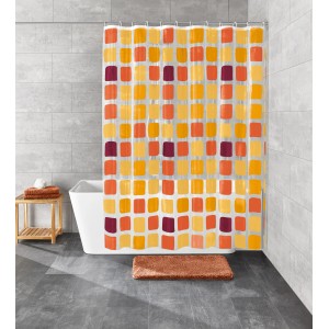 Kleine Wolke Duschvorhang Sonny, 180x200 cm, mit gelben, orangen und braunen Quadraten.