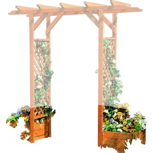 2er Set Promadino Pflanzkästen aus Holz für Pergola Bamberg, bepflanzt mit Blumen.
