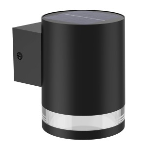 Schwarze Philips Solar-Wandleuchte Fyce mit Tageslichtsensor für den Außenbereich.