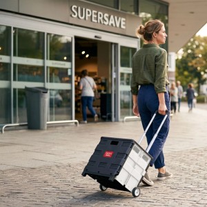 Frau zieht schwarzen Relaxdays Einkaufstrolley mit Rollen und Teleskopstange vor Supermarkt. Praktische Klappbox für den Einkauf.