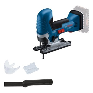 Bosch Professional Akku-Stichsäge GST 18 V-125 S mit Stabgriff, Sägeblatt, Spanreißschutz und Absaug-Set.