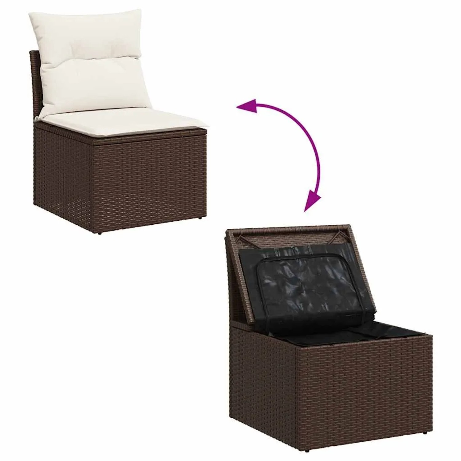 Braune 7-tlg. vidaXL Garten-Sofagarnitur aus Rattan mit Kissen und Stauraum unter der Sitzfläche.