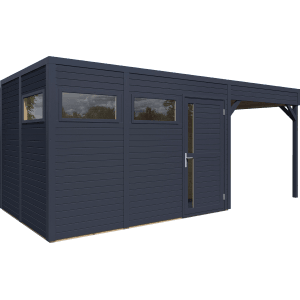 Anthrazitfarbenes Holz-Gartenhaus Cubus 3 Lounge (559x234cm) mit Überdachung.