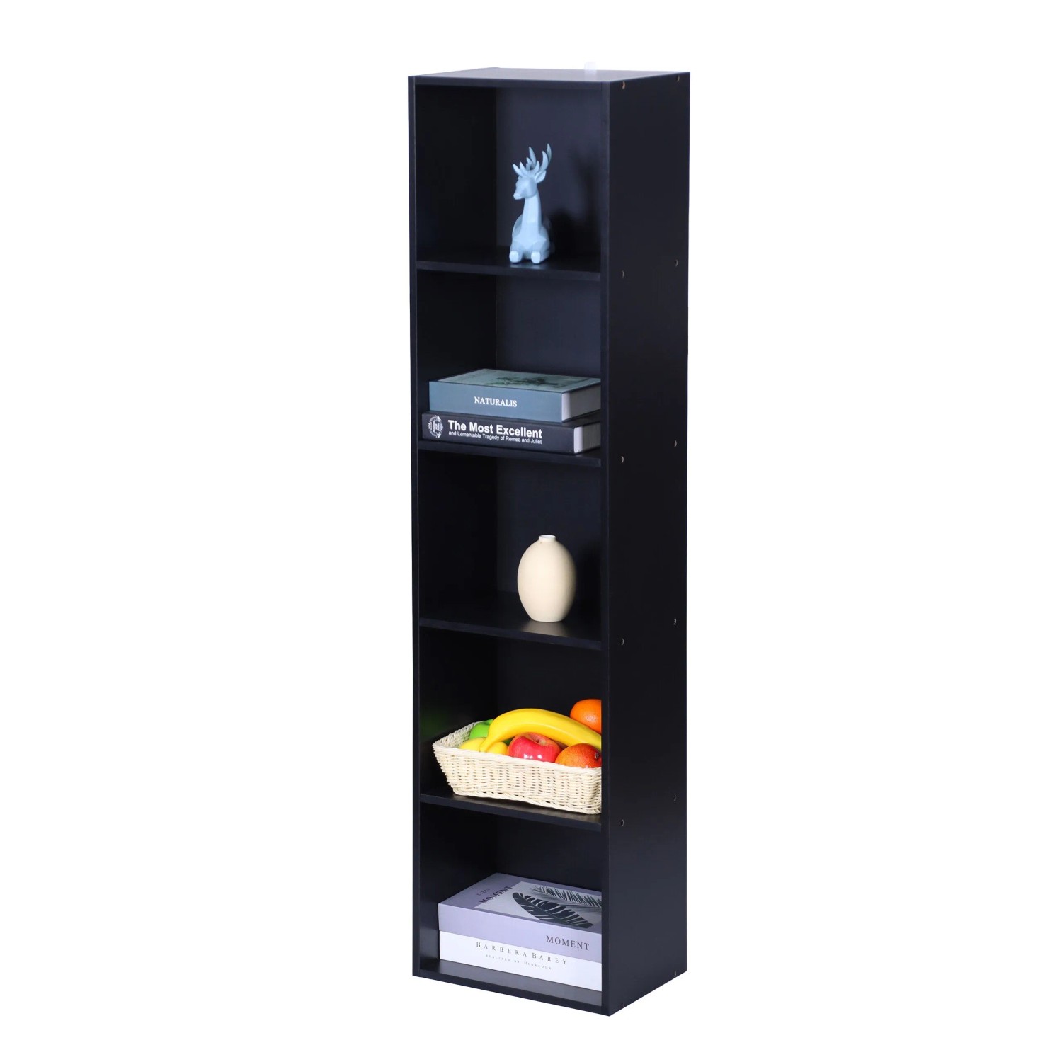 Relaxdays Bücherregal Holzwerkstoff Schwarz 5 Fächer Rutschfest Kippsicher 132 cm x 32 cm x 24 cm
