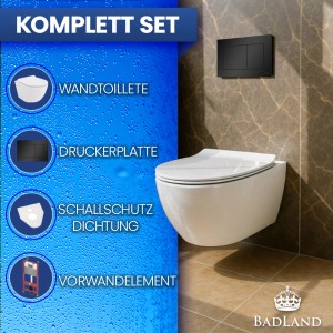 Bad Land WC-Set mit Vorwandelement, weißer Toilette und schwarzer Betätigungsplatte.
