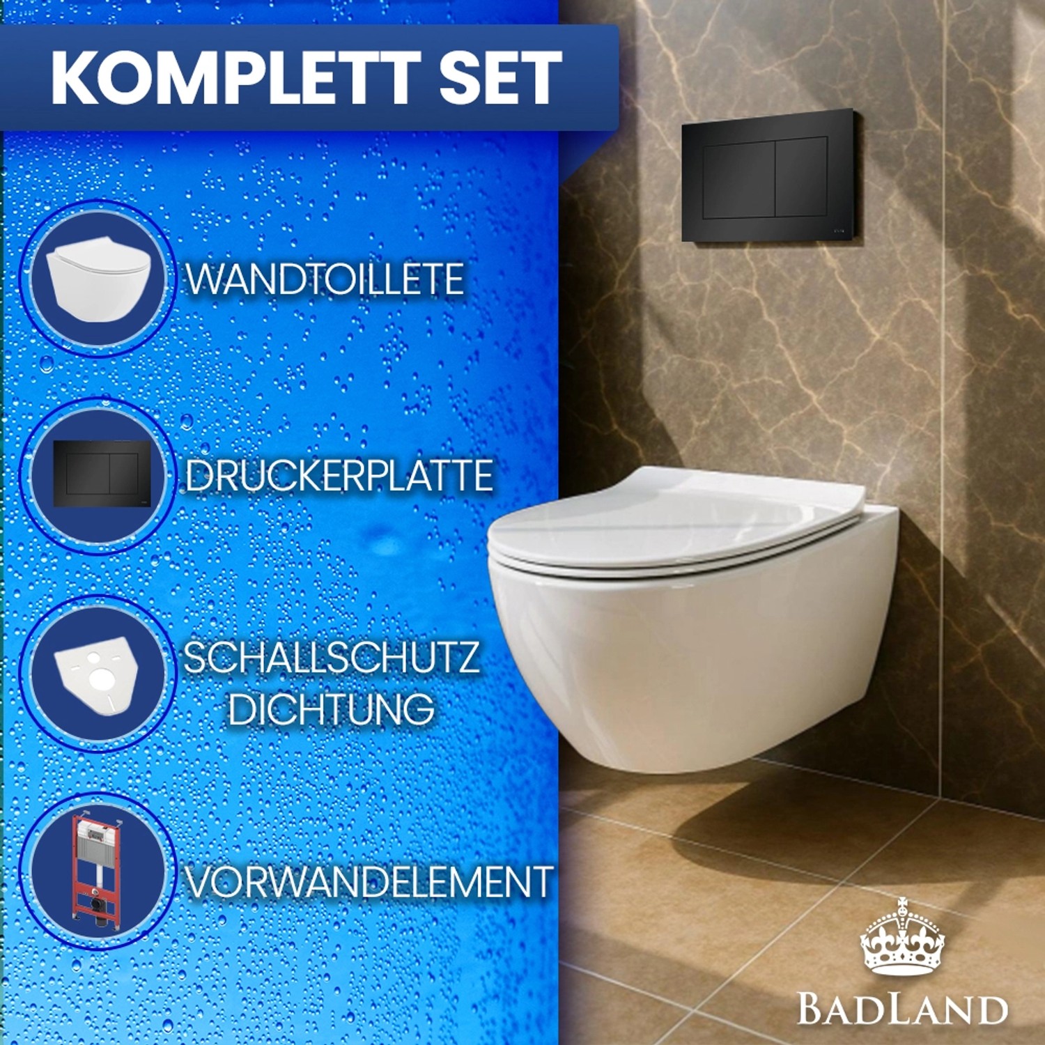 Bad Land WC SET Vorwandelement TECEbase + Toilette ROLO Weiß + Platte Rechteckig in Schwarz_2