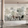 Komar Fototapete Painted Palms im Esszimmer mit Esstisch und Stühlen.