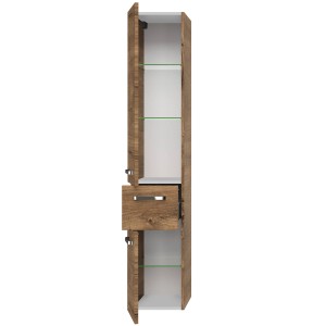 Pelipal Bad-Hochschrank Serie 4010, Eiche Ribbeck quer, 30 cm breit, mit offenen Türen und Glasböden.